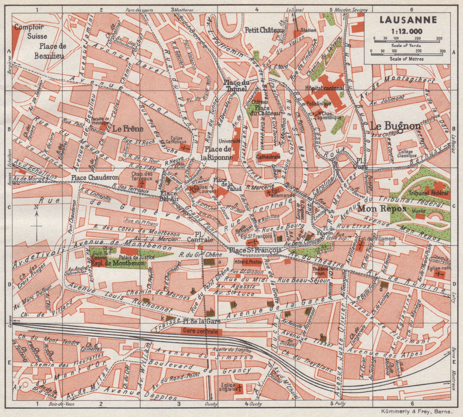 LAUSANNE. Vintage town city map plan. Switzerland 1948 old vintage chart